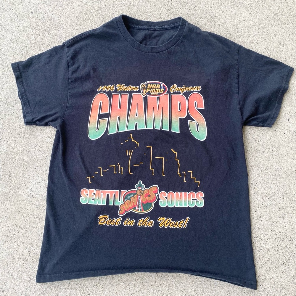 Vintage 1996 Seattle Sonics NBA Finals Western Champs Shirt Graphic Spellout M